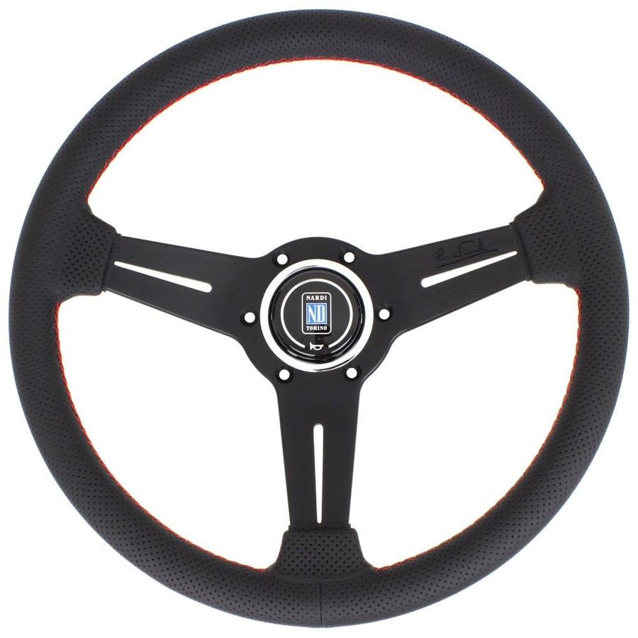 Nardi Classic ND33 Ratti, Musta Rei'tetty Nahka, Mustat Puolat, Punaiset tikkaukset, 25 mm Syvyys