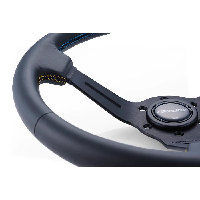 GReddy Sports "Deep Type" Ratti (80 mm syvyys), musta nahka, mustat puolat - 340 mm