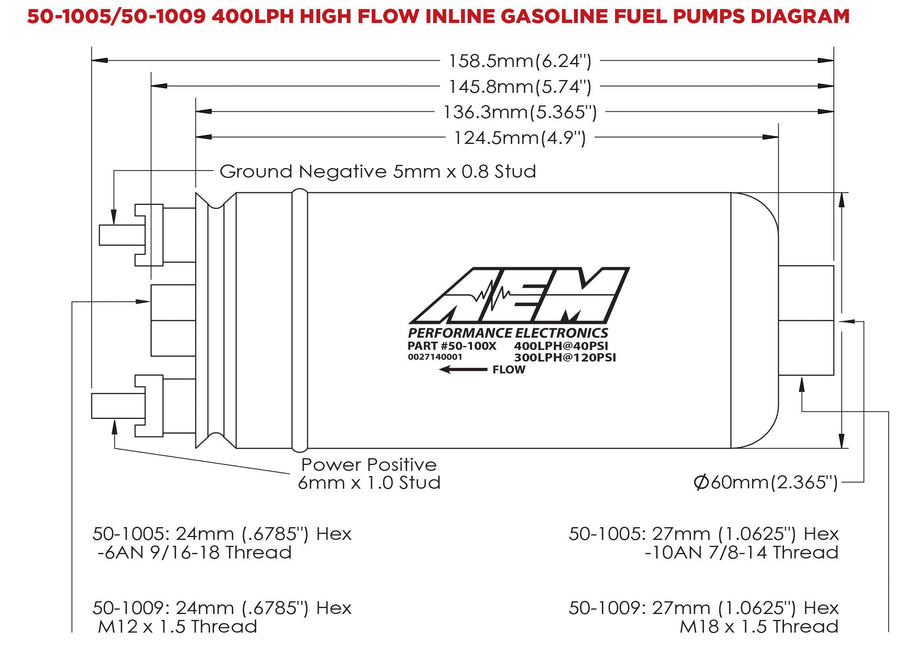 AEM Universaali 400 L/h Polttoainepumppu - Metriset Liitännät