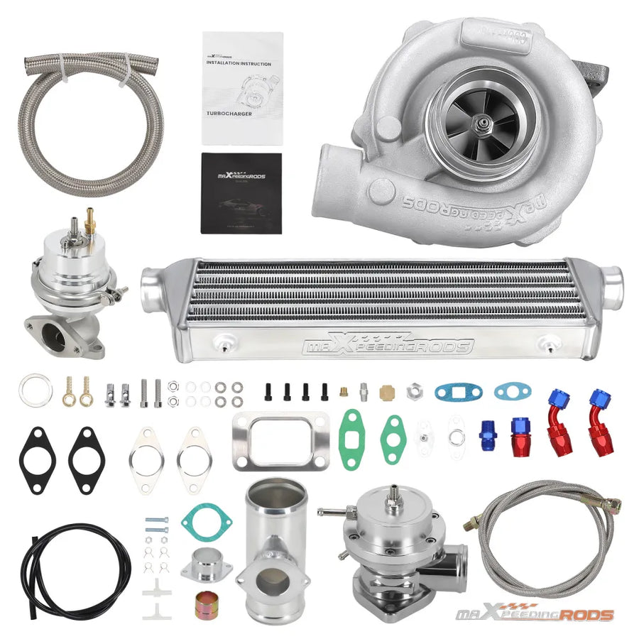 T04E Turboahdinsarja – T3-turbo, välijäähdytin, öljyputket ja BOV-sovitin (1.5–3.0L, yli 350 hv)