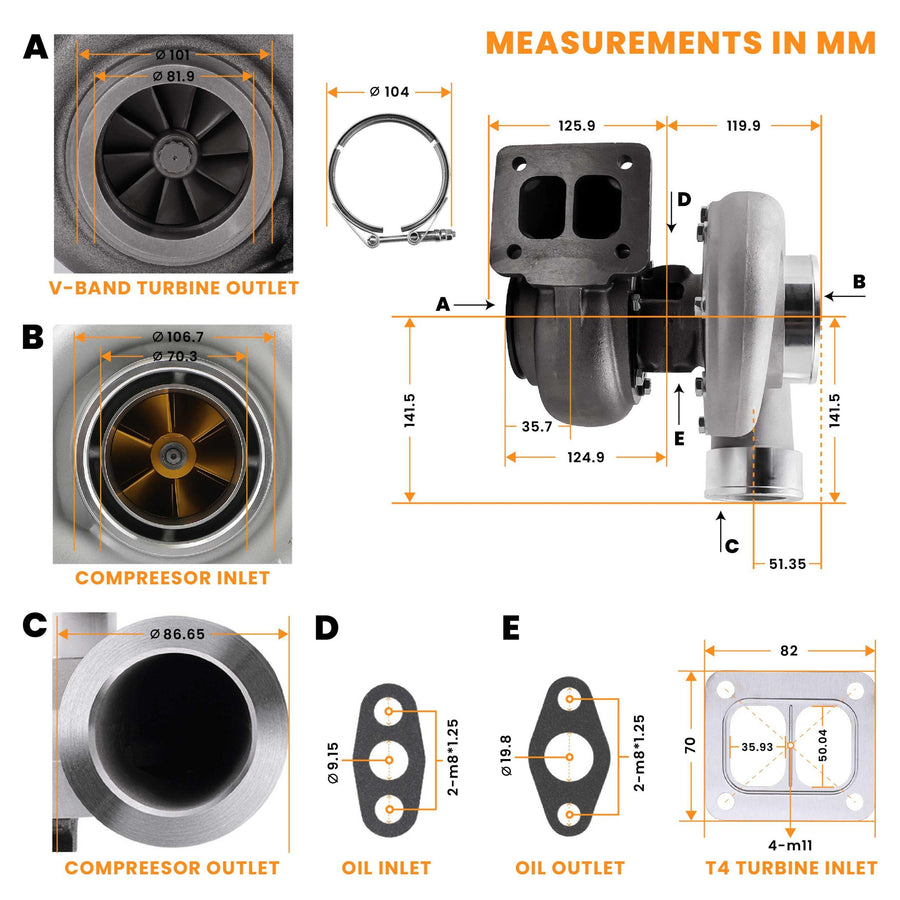 Billet kompressorin pyörä katuversio Turbo Turboahdin GT45 T4 V-laippa kom. A/R .66 A/R 1.05 öljyjäähdytteinen 600+hv