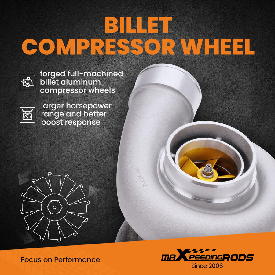 Billet kompressorin pyörä katuversio Turbo Turboahdin GT45 T4 V-laippa kom. A/R .66 A/R 1.05 öljyjäähdytteinen 600+hv
