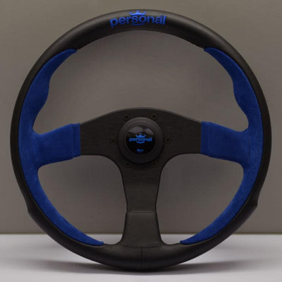 Personal Pole Position Ratti - 330 mm - Musta Nahka & Sininen Mokkanahka, Mustat Puolat, Sininen Logo
