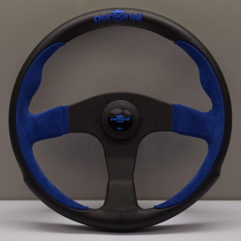 Personal Pole Position Ratti - 330 mm - Musta Nahka & Sininen Mokkanahka, Mustat Puolat, Sininen Logo