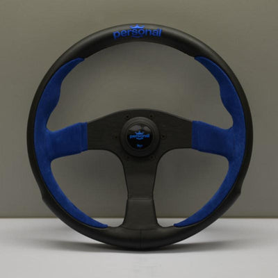 Personal Pole Position Ratti - 350 mm - Musta Nahka & Sininen Mokkanahka, Mustat Puolat, Sininen Logo
