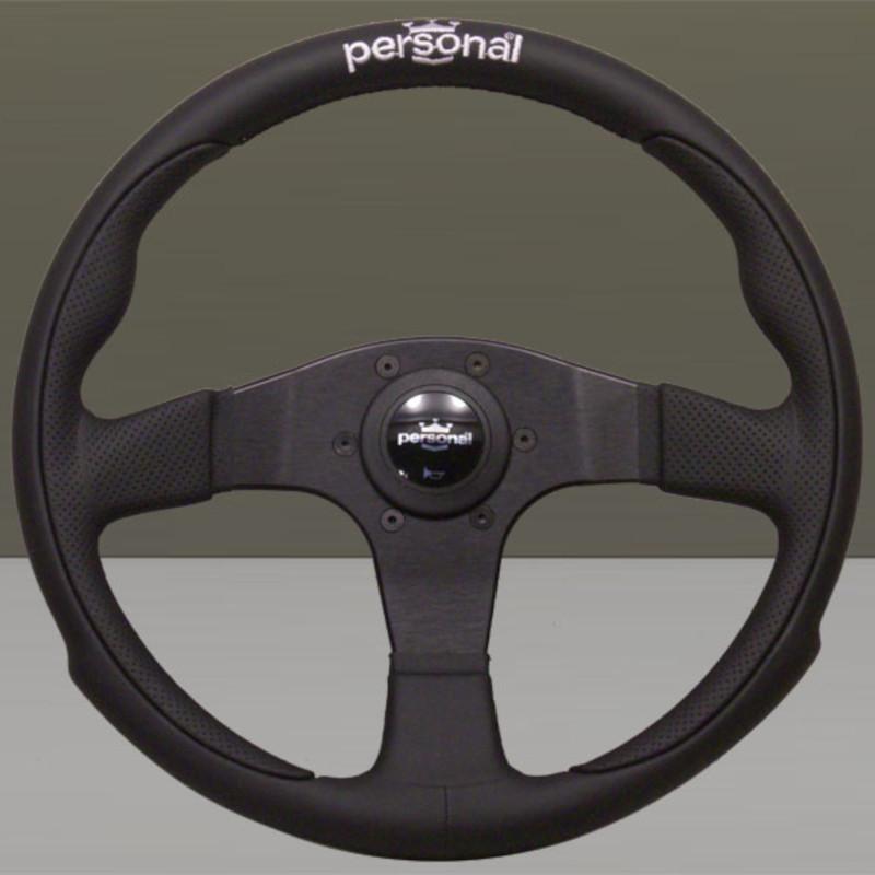 Personal Pole Position Ratti - 330 mm - Musta Nahka & Perforoitu Nahka, Mustat Puolat, Hopeinen Logo