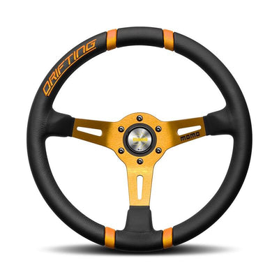 Momo Drifting Ratti (90 mm Syvyys), Musta Nahka, Oranssi vanne - 35 cm