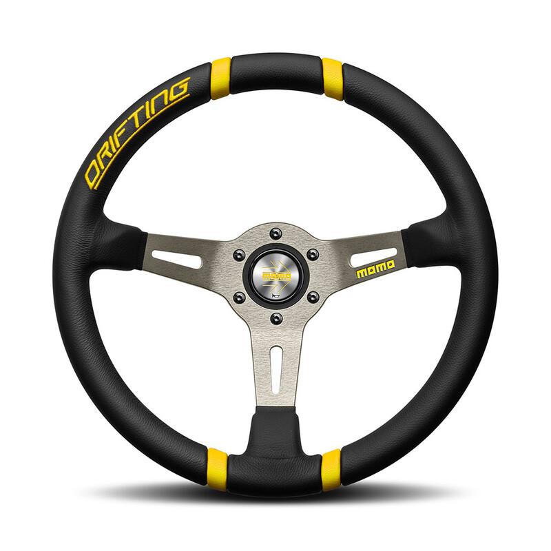Momo Drifting Ratti (90 mm Syvyys), Musta Nahka, Antrasiitinväriset vanteet - 35 cm