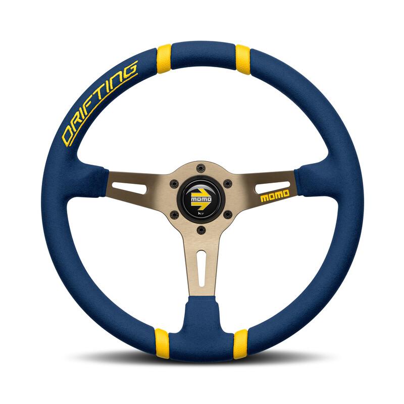Momo Drifting Ratti (90 mm Syvyys), Sininen mikrokuitu, Antrasiitinväriset puolat - 35 cm