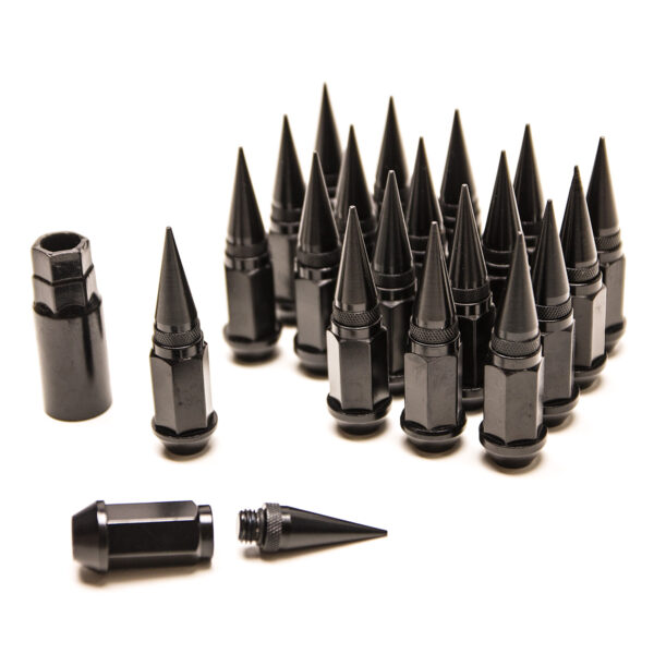 Mustat piikkitaotut alumiiniset pyöränmutterit - M12x1.5 (20 kpl)