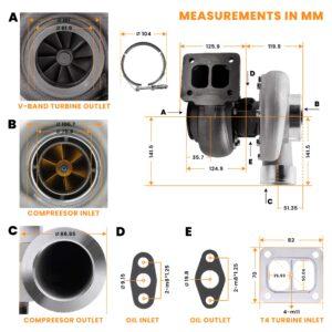 gt45-jd-v21.jpg Billet kompressorin pyörä katuversio Turbo Turboahdin GT45 T4 V-laippa kom. A/R .66 A/R 1.05 öljyjäähdytteinen 600+hv